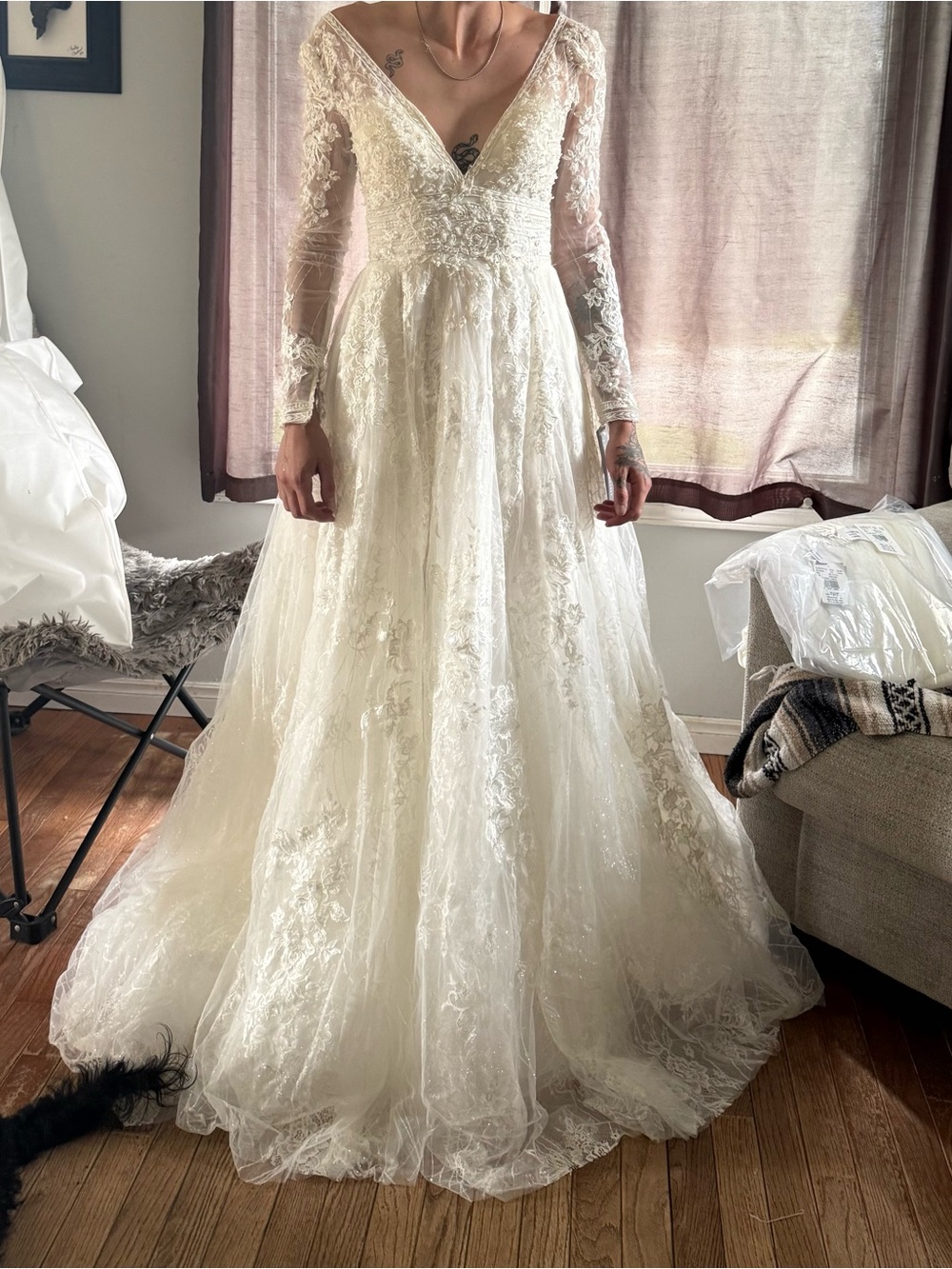 Oleg Cassini Long-Sleeve V-Neck Lace A-Line Wedding Dress